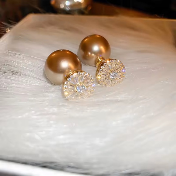 Jewelry - Lustrous Champagne Gold Pearl Stud Earrings with Zirconia